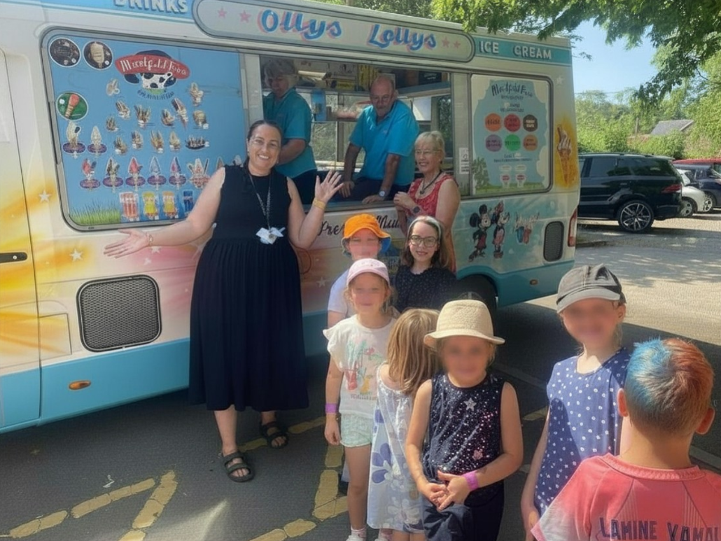 Children and staff getting ice creams from the van