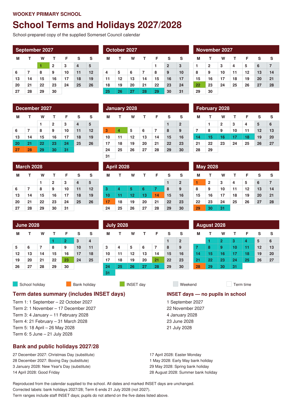 2027–2028 calendar showing school holidays, bank holidays and five INSET days. A text summary follows below.